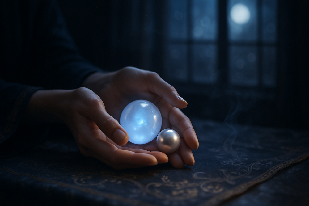 Hands holding a glowing moonstone under soft moonlight, symbolizing Selene's reflective energy