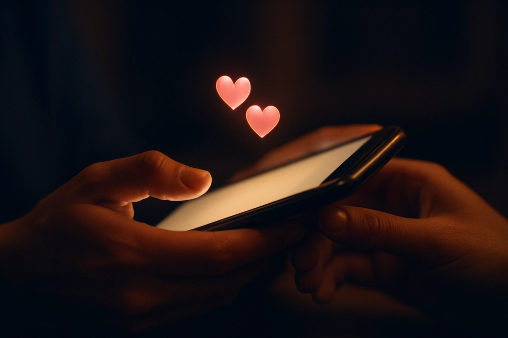 Hands holding a glowing phone with double heart emojis rising from the screen