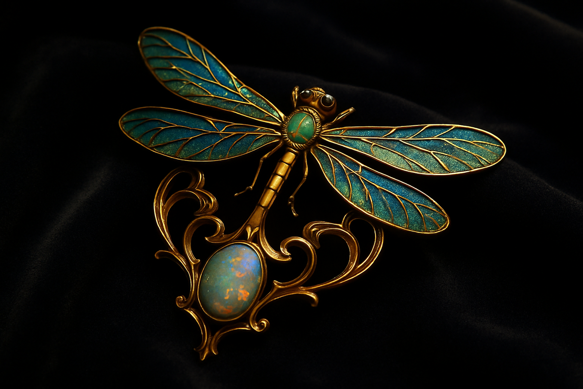 Art Nouveau style enamel and opal jewelry piece with dragonfly design