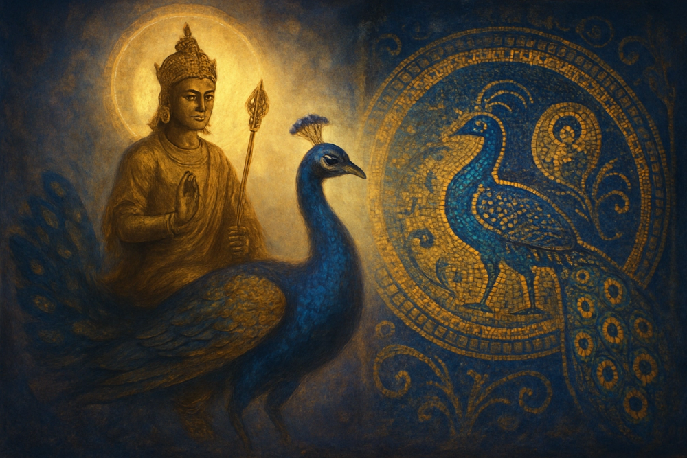 Artistic depiction of peacock symbolism across Hindu and Byzantine traditions