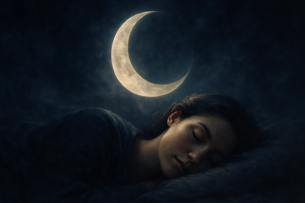 Person sleeping beneath a glowing crescent moon, symbolizing dreams and intuition