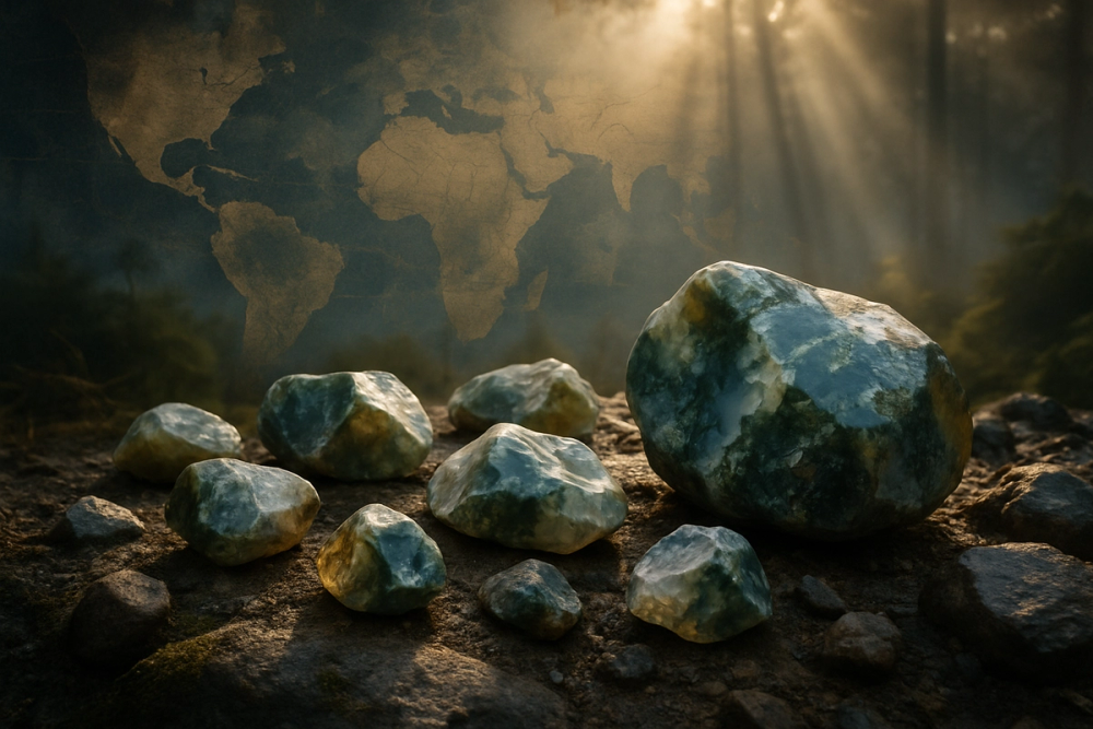 Raw moss agate stones from mining regions around the world