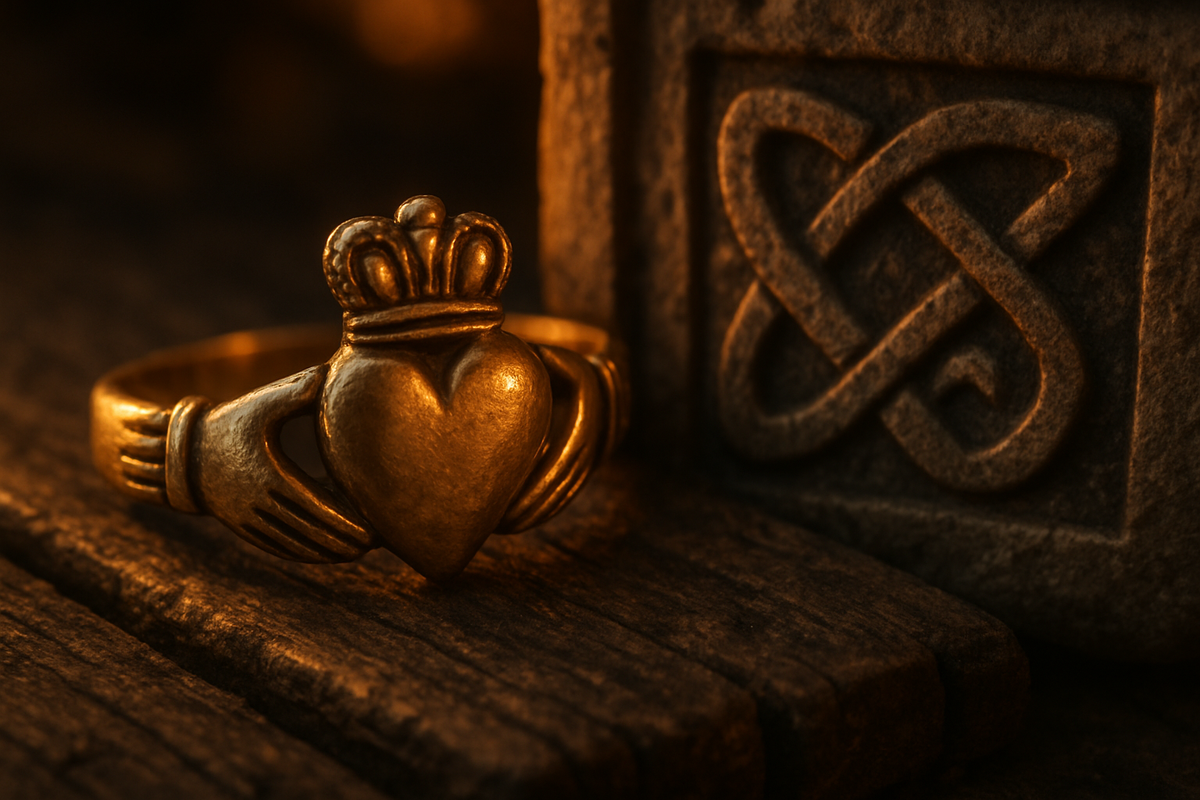 Claddagh ring beside carved Celtic knot symbolizing loyalty