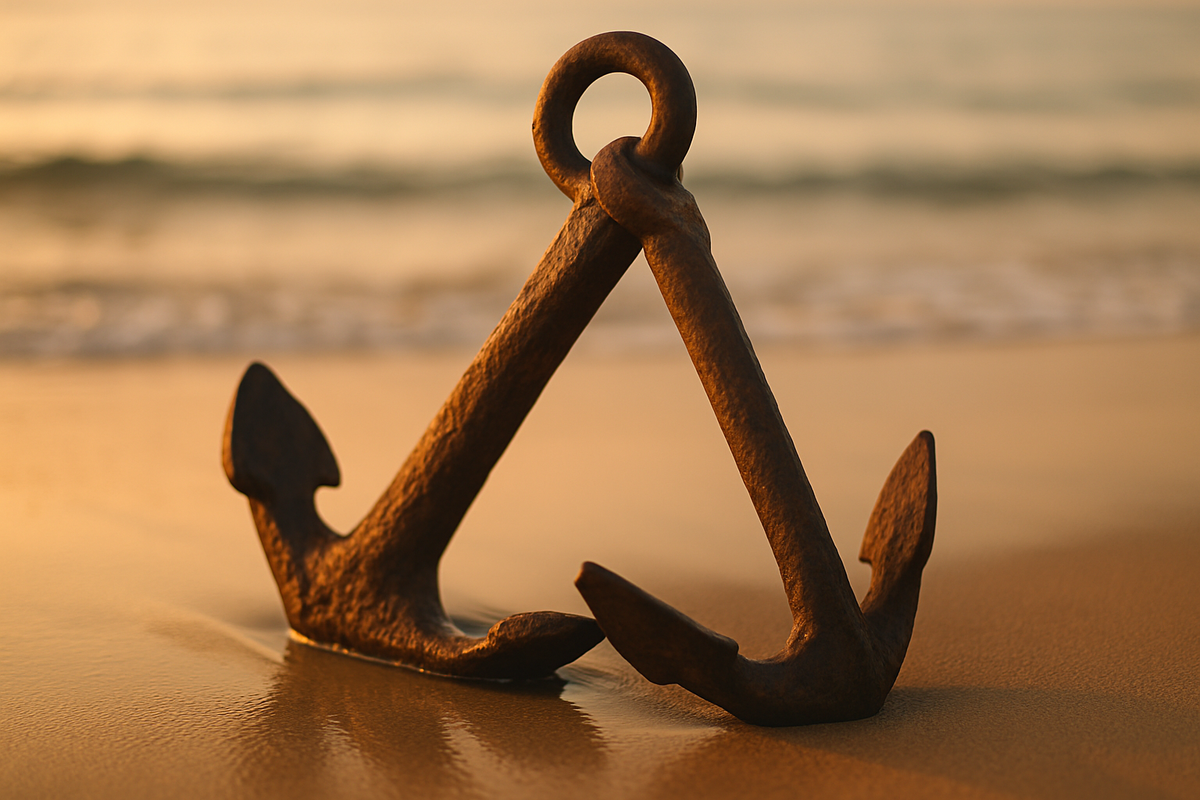 Anchor symbol of hope resting on the shore at sunset
