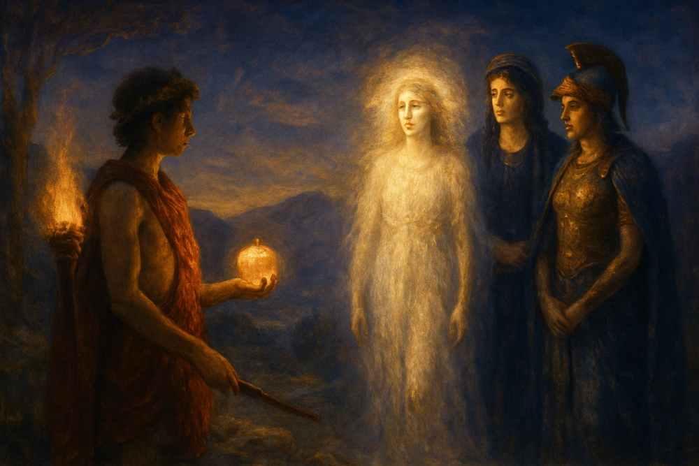 Paris judging Aphrodite, Hera, and Athena in the myth of the golden apple
