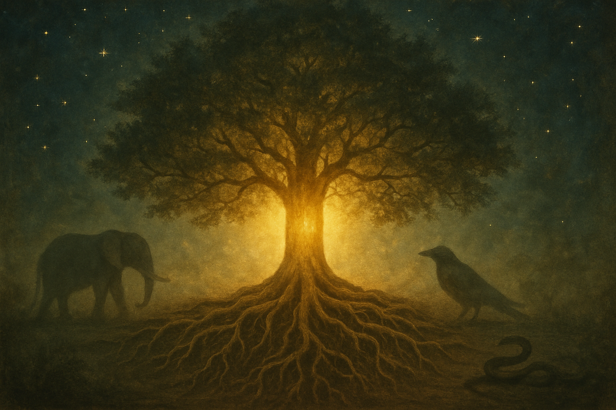 A glowing Tree of Life connecting earth and sky surrounded by wisdom animal silhouettes