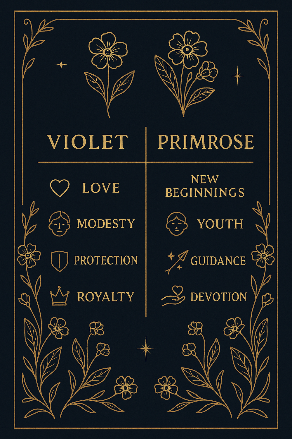 Infographic showing symbolic meanings of Violet and Primrose