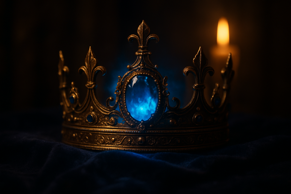 Sapphire set in an ancient royal crown symbolizing protection and nobility
