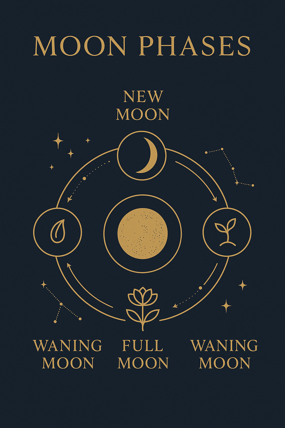 Infographic showing the four moon phase stages for intention setting: new, waxing, full, and waning moon