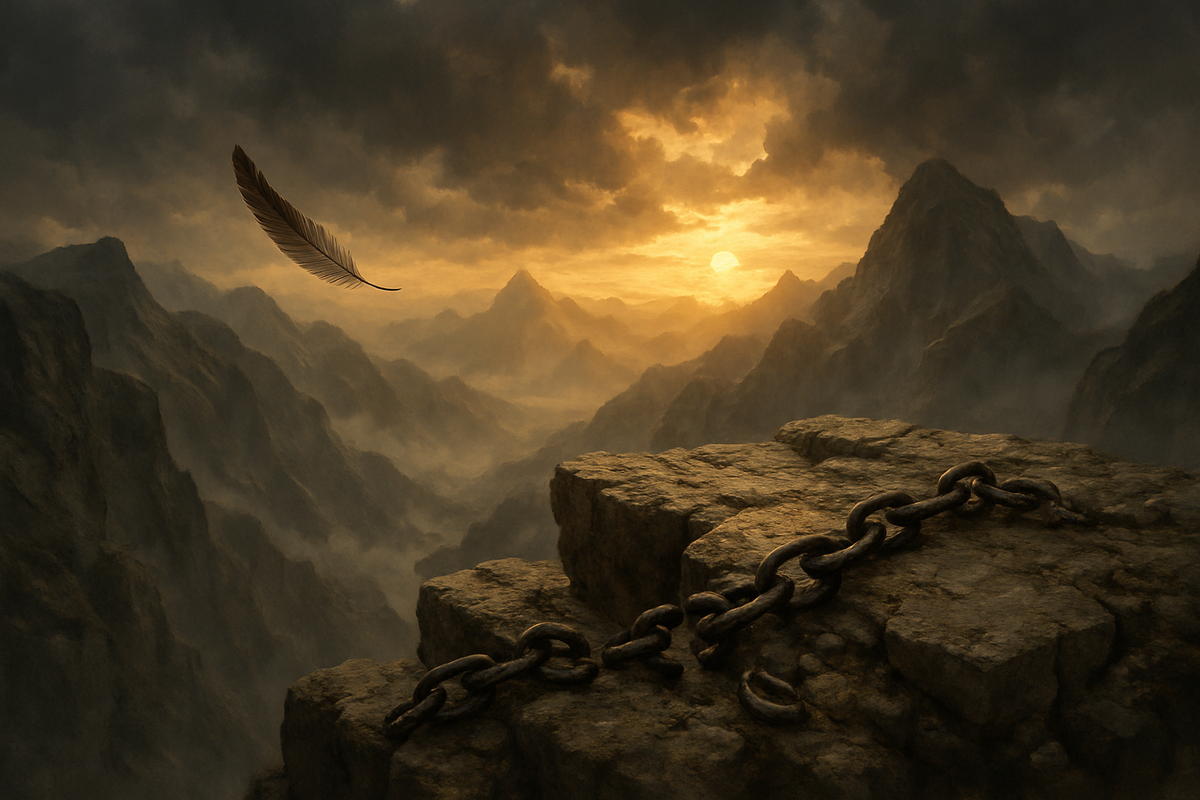 Broken chains on a mountain cliff symbolizing Prometheus's eventual freedom