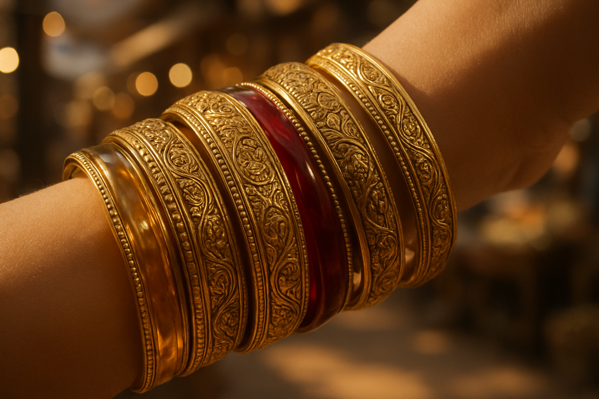 Stack of ornate gold and glass bangle bracelets on a wrist