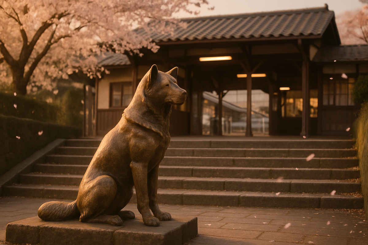 Bronze statue of a loyal dog at a Japanese station entrance surrounded by cherry blossoms