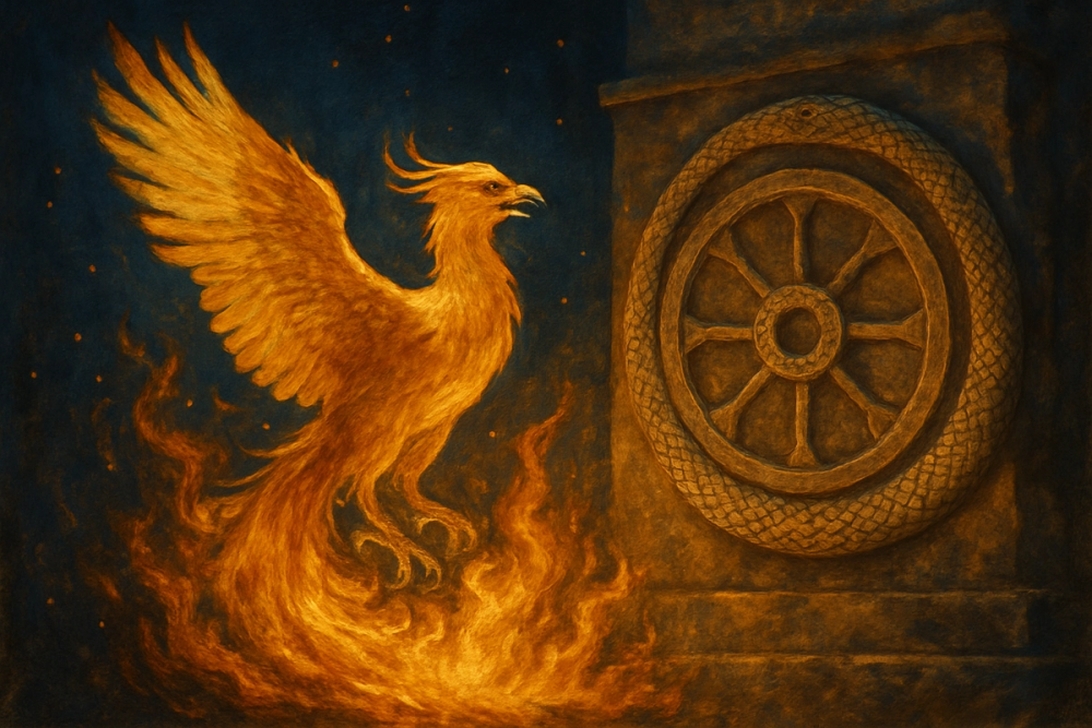Phoenix, wheel, and ouroboros symbolizing historical cycles of change