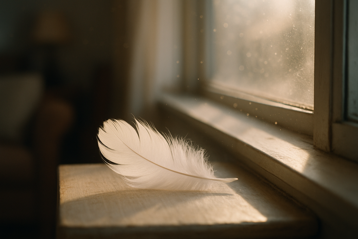 A white feather resting on a sunlit windowsill as a symbol of guardian angel presence