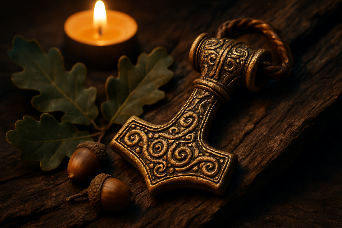 Norse Thor's hammer pendant resting among oak leaves