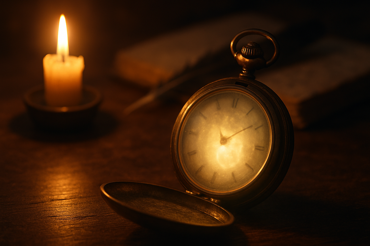 Antique pocket watch glowing softly on a wooden table symbolizing spiritual timing and transformation