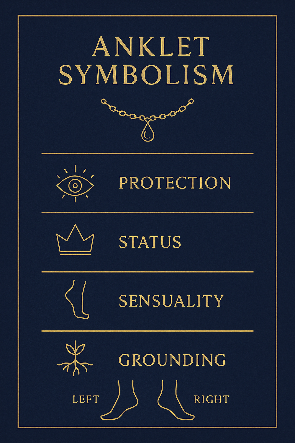 Infographic showing the core symbolic meanings of anklets: protection, status, sensuality, and grounding