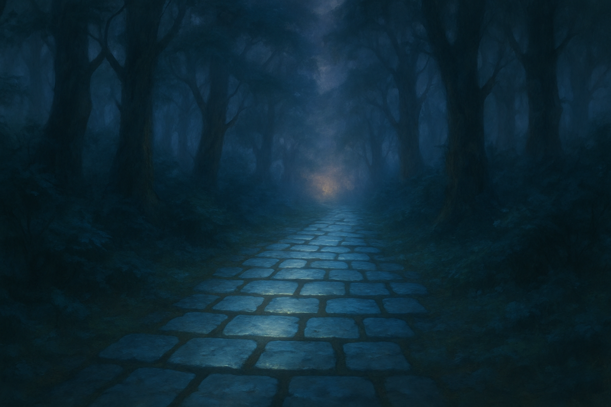 A glowing stone path through a misty forest representing steady progress and unseen support