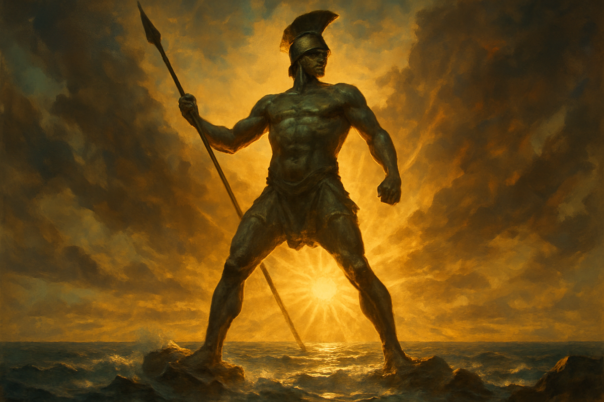 Bronze statue symbolizing Helios overlooking the sea at Rhodes