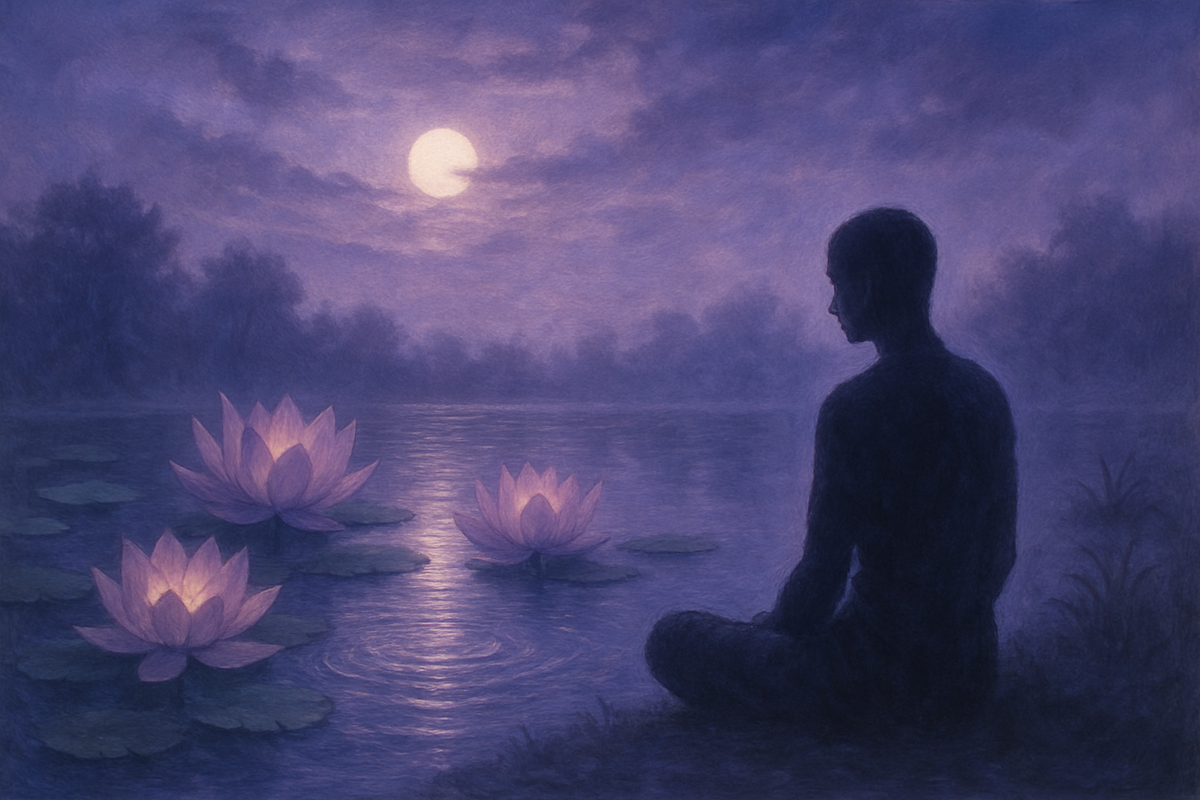 Silhouette meditating beside a glowing lotus pond at twilight symbolizing enlightenment