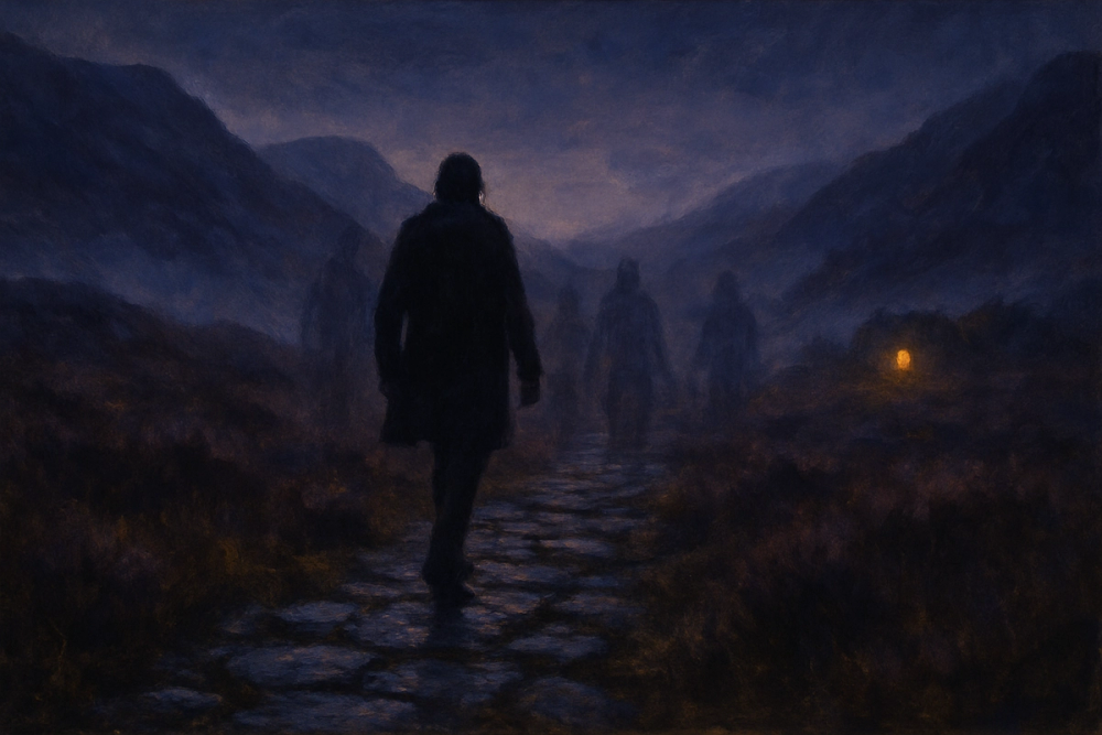 Misty Scottish Highland path with a faint ghostly figure evoking second sight and ancestral deja vu folklore
