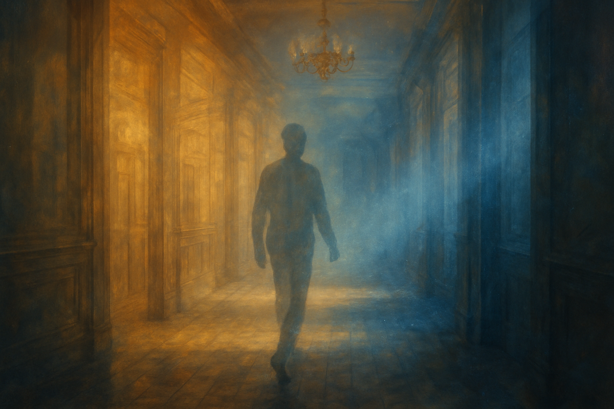 Silhouette walking through a hallway with overlapping shimmering images suggesting layered time and deja vu