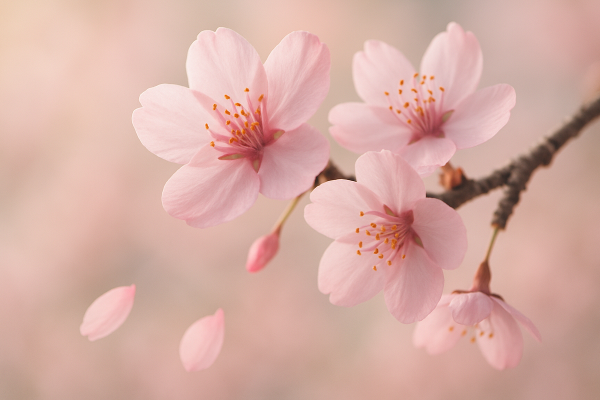 Close-up of pink cherry blossoms in full bloom with falling petals