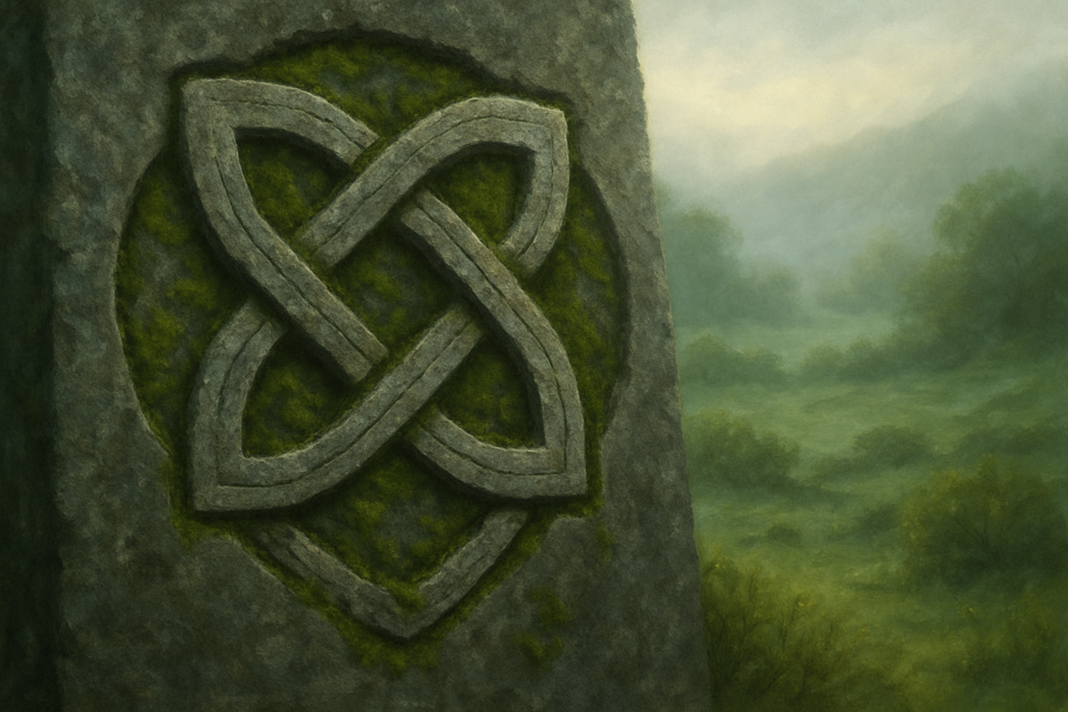 Carved Celtic endless knot on ancient stone with misty green landscape in the background