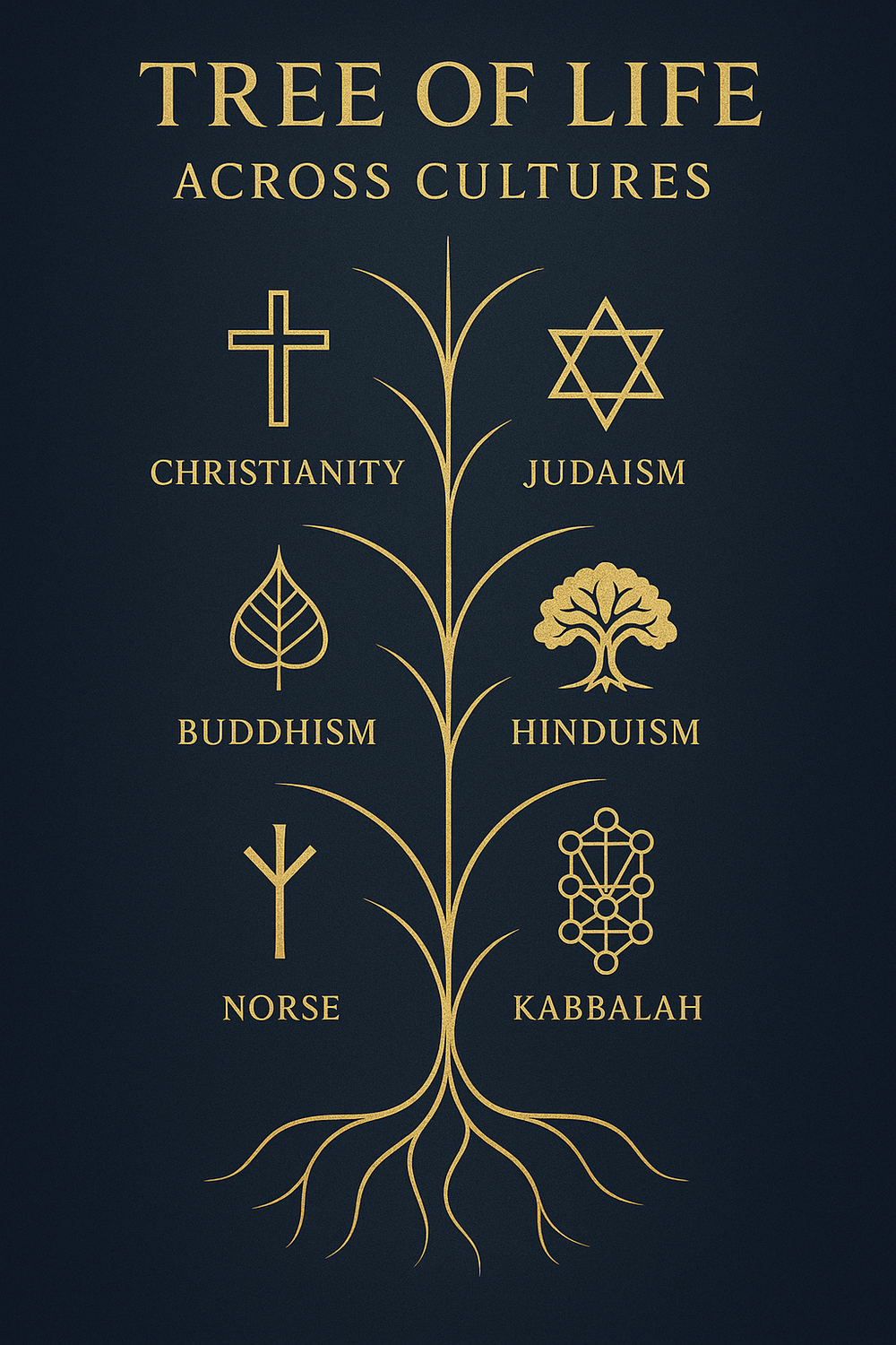 Infographic showing the Tree of Life symbol across six world religions and traditions