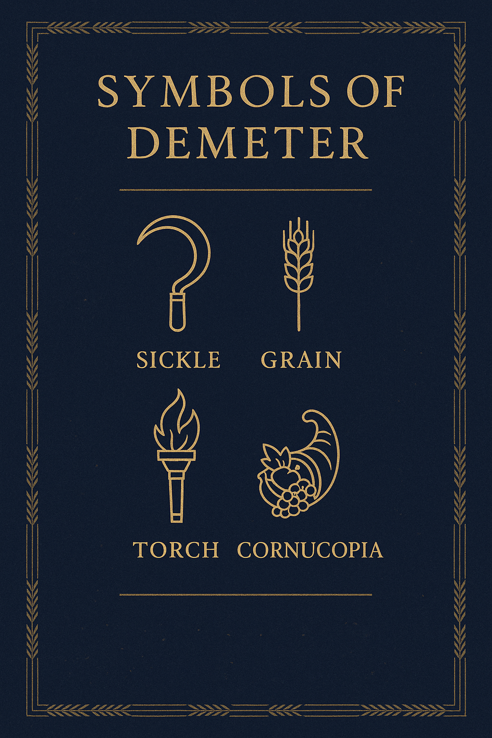Infographic of Demeter's sacred symbols: sickle, grain, torch, and cornucopia