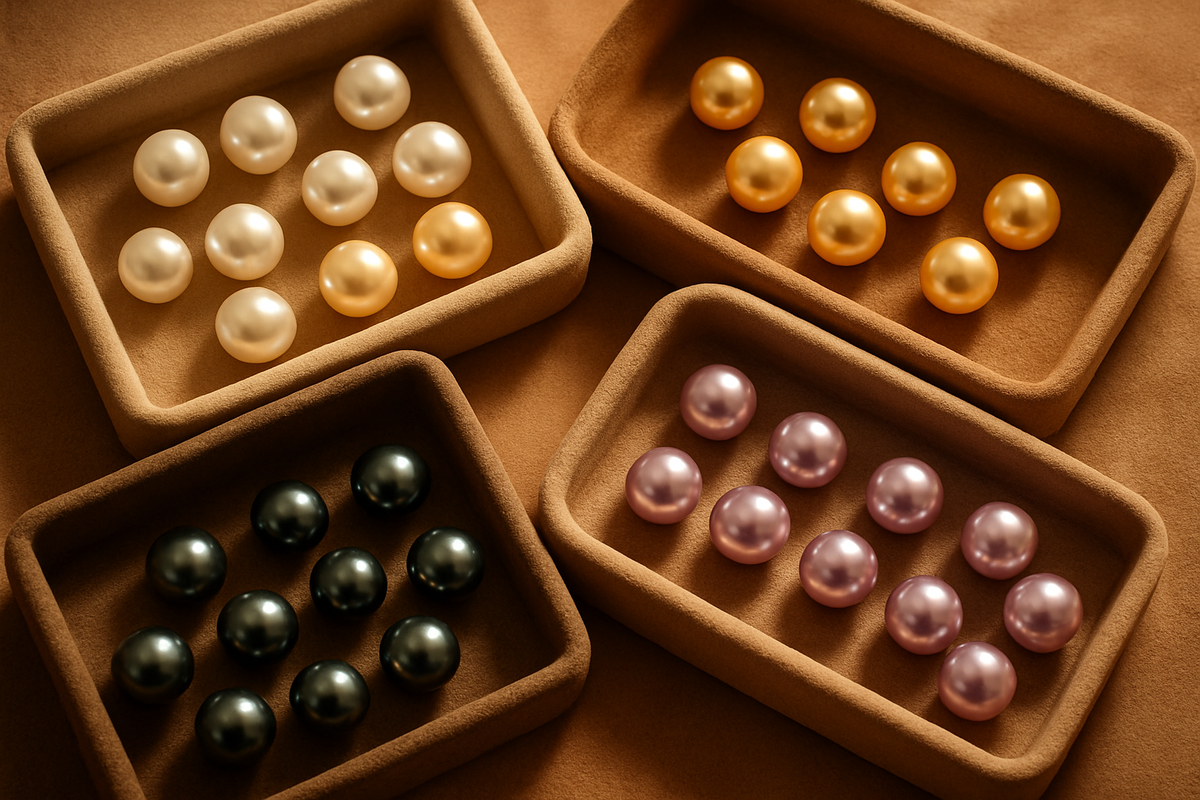 Assortment of different colored pearls including white, golden, black, and lavender varieties