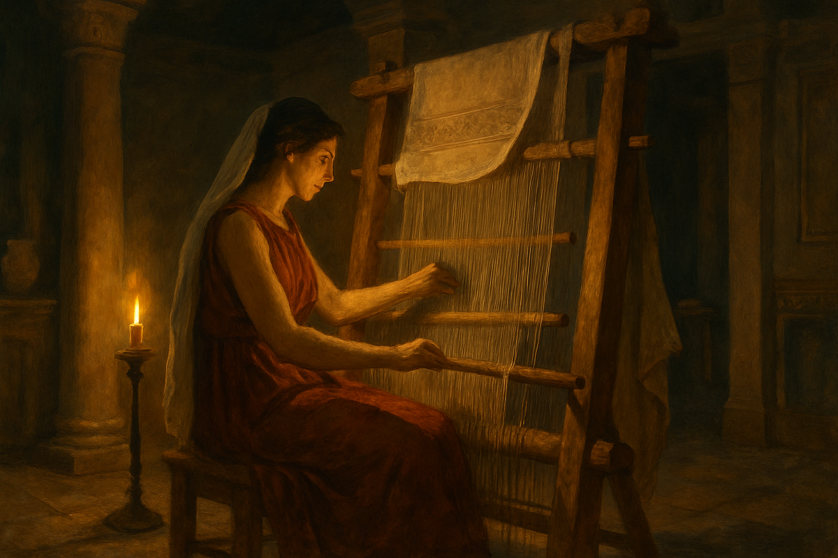 Penelope weaving at her loom in an ancient Greek palace