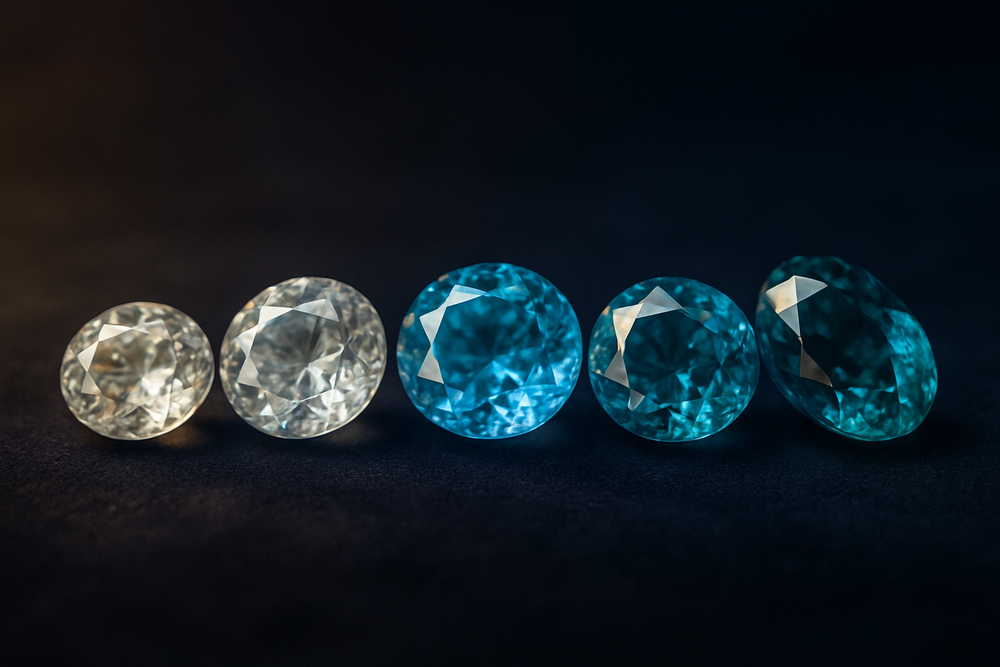 Different shades of aquamarine, the March birthstone, from pale to deep blue