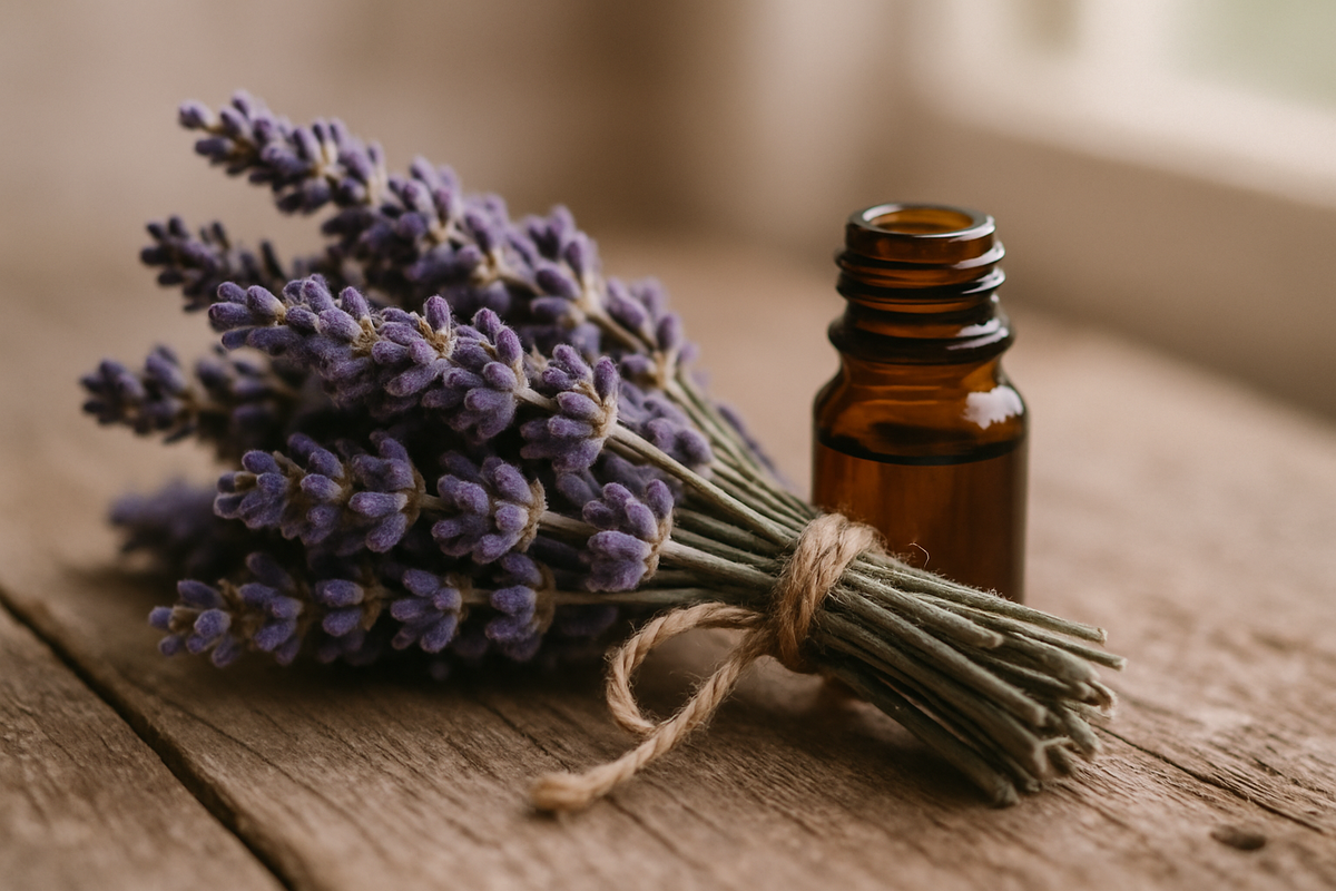 Close-up of fresh lavender sprigs and essential oil bottle symbolizing calm and serenity