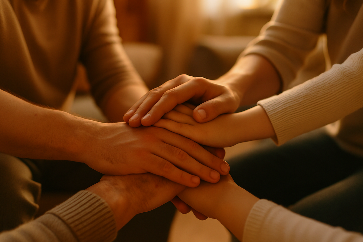 Multiple generations of family hands stacked together symbolizing unity and strength