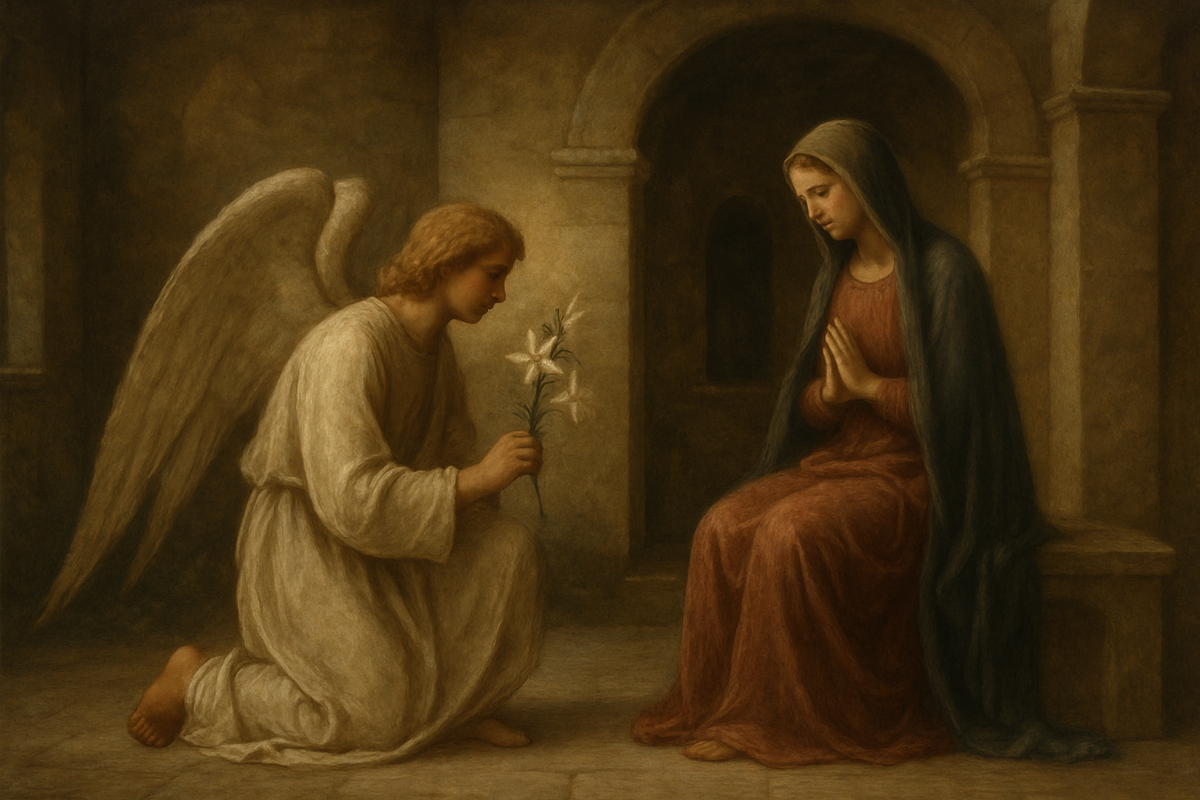 Angel kneeling before a woman in a moment of divine annunciation, holding a white lily
