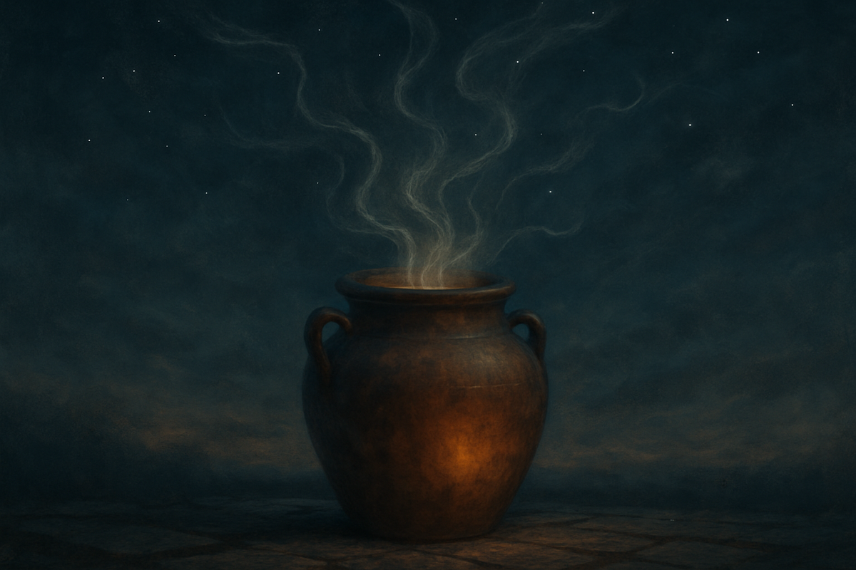 An ancient jar releasing shadowy wisps into the night sky with a faint glow of hope remaining inside