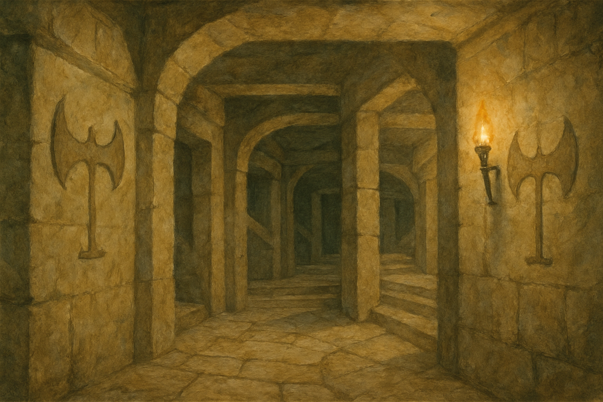 Stone corridors of the mythical Labyrinth beneath the Cretan palace
