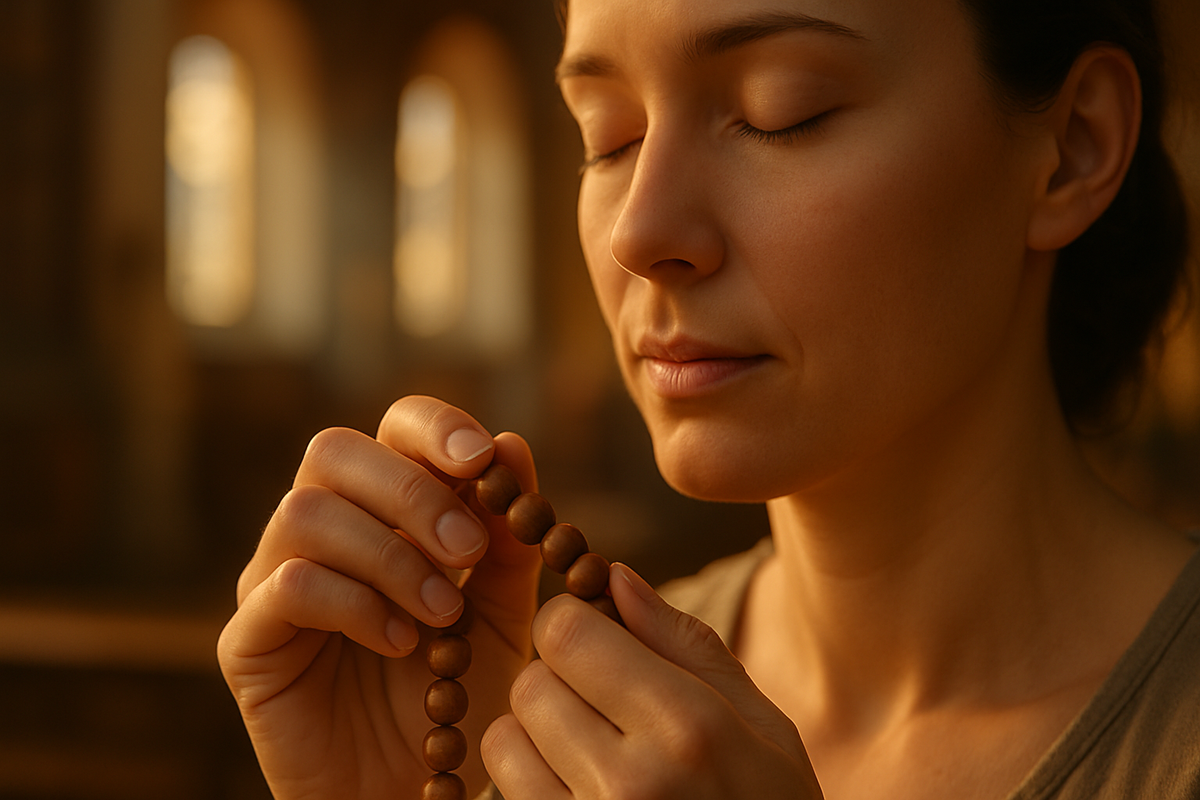 Hands quietly counting prayer beads during meditation