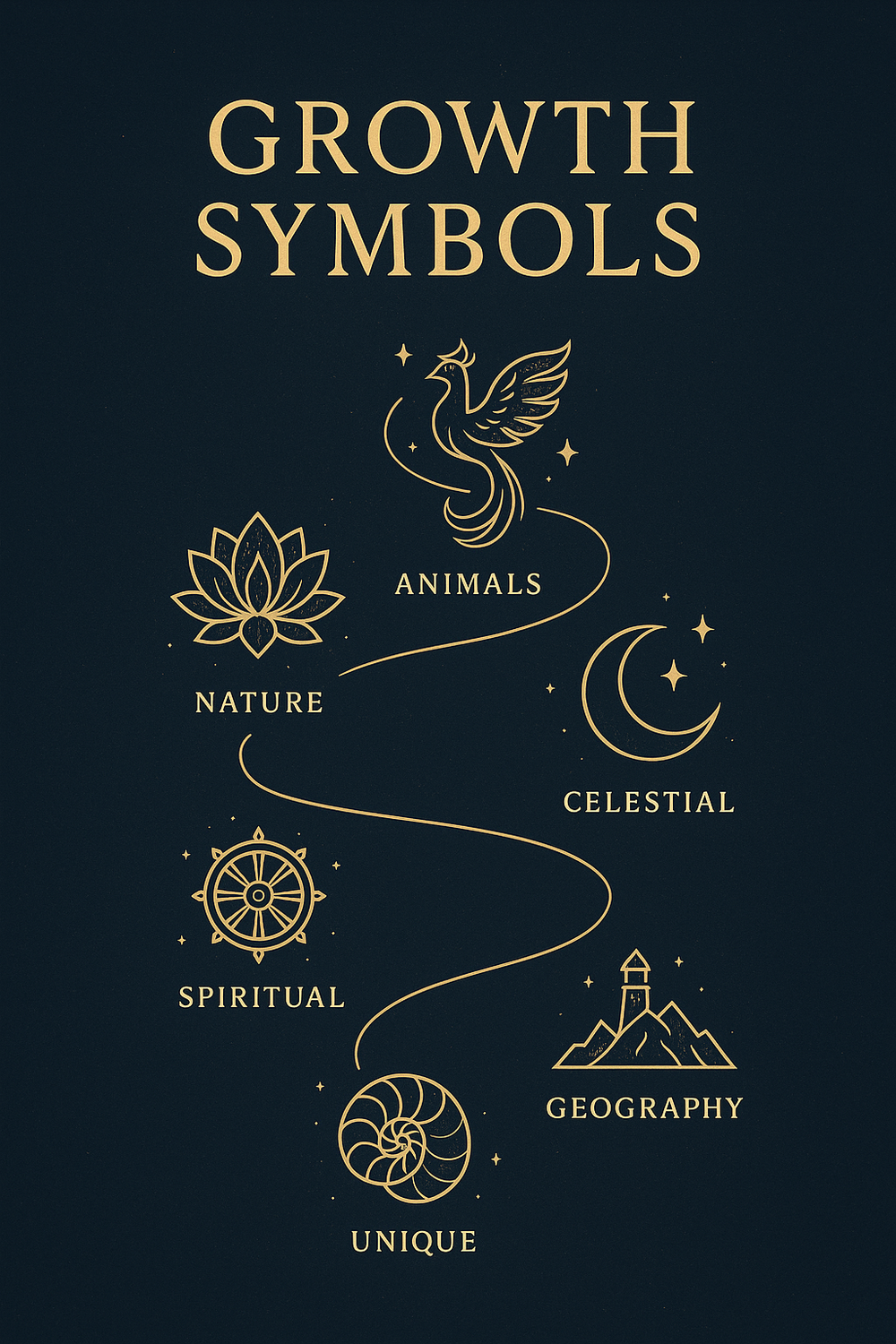 Infographic showing six categories of growth symbols including nature, animal, celestial, and spiritual emblems