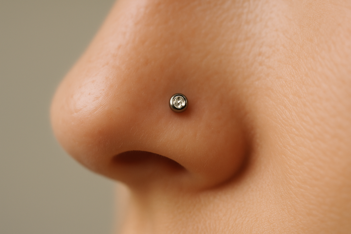 Close-up of a small modern nose stud piercing