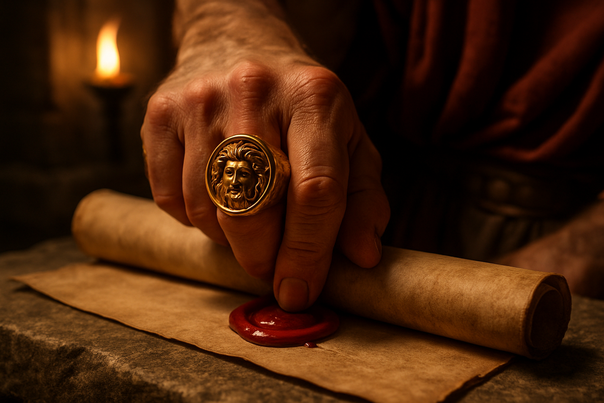 Hand pressing an ancient gold signet ring into wax seal on a scroll