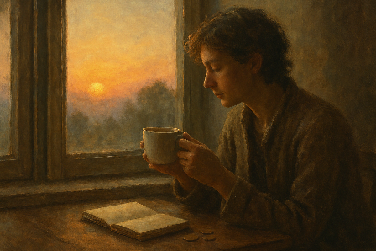 A person reflecting quietly on finances and personal goals near a sunrise window
