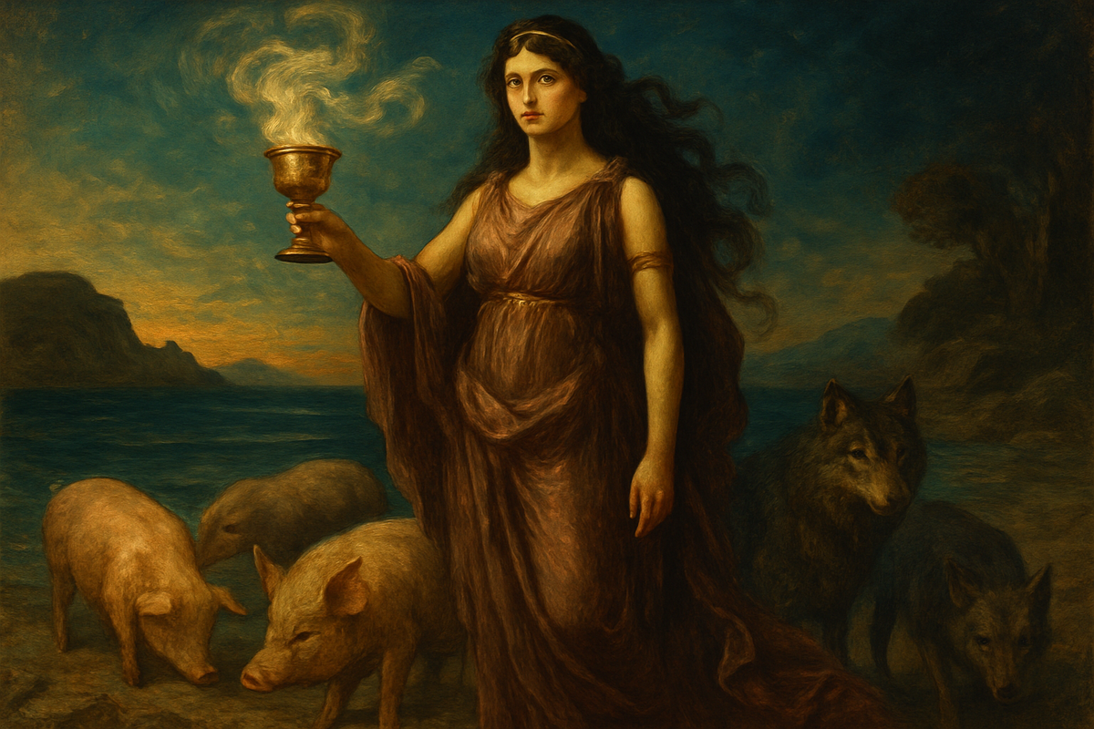 Circe the Greek sorceress casting a transformation spell on her island of Aeaea
