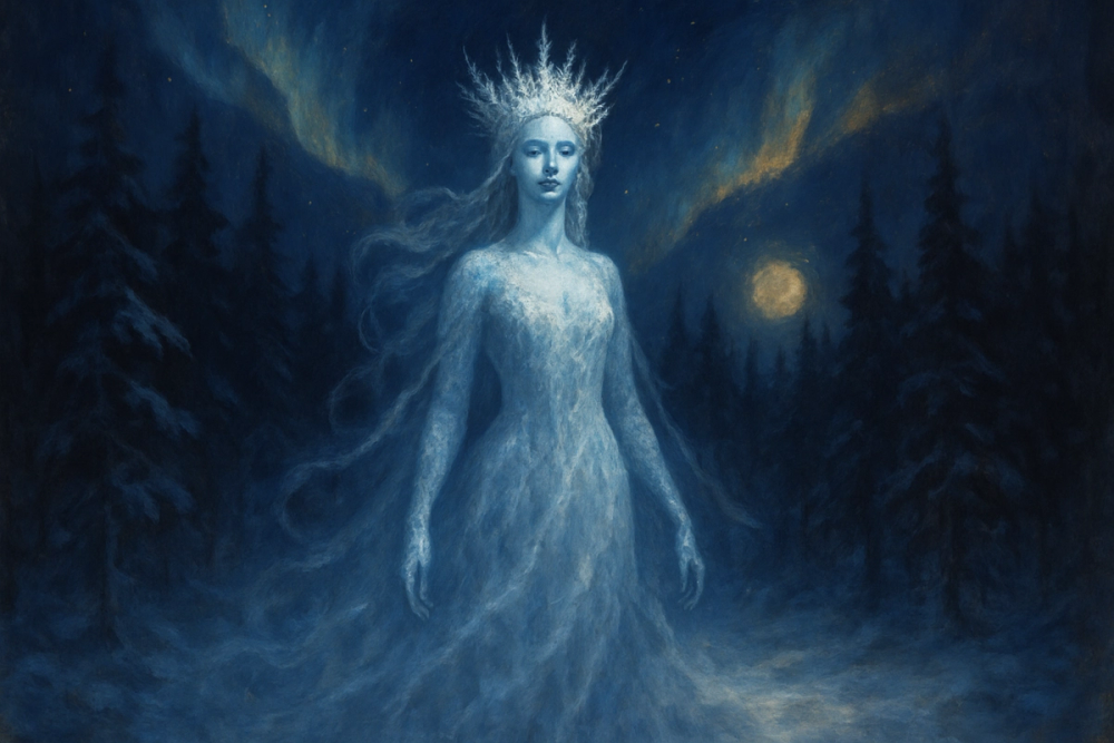 Ethereal Frost Queen in a moonlit winter forest