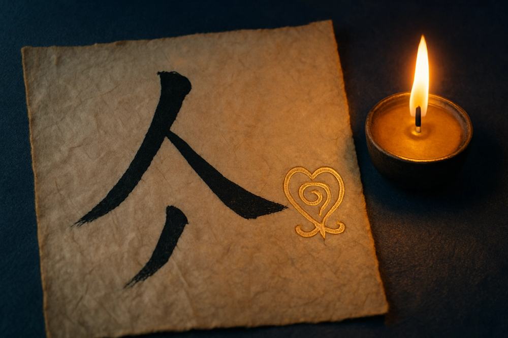 Chinese Ren character and Adinkra Nya Abotere symbol representing patience