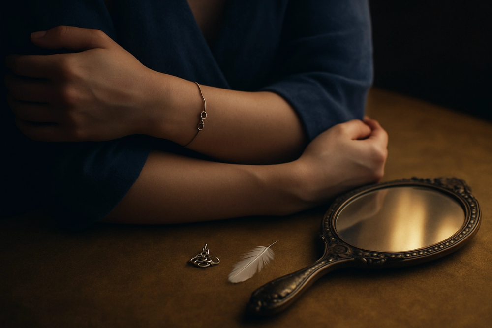Symbolic objects of self-love including a mirror, infinity bracelet, and feather