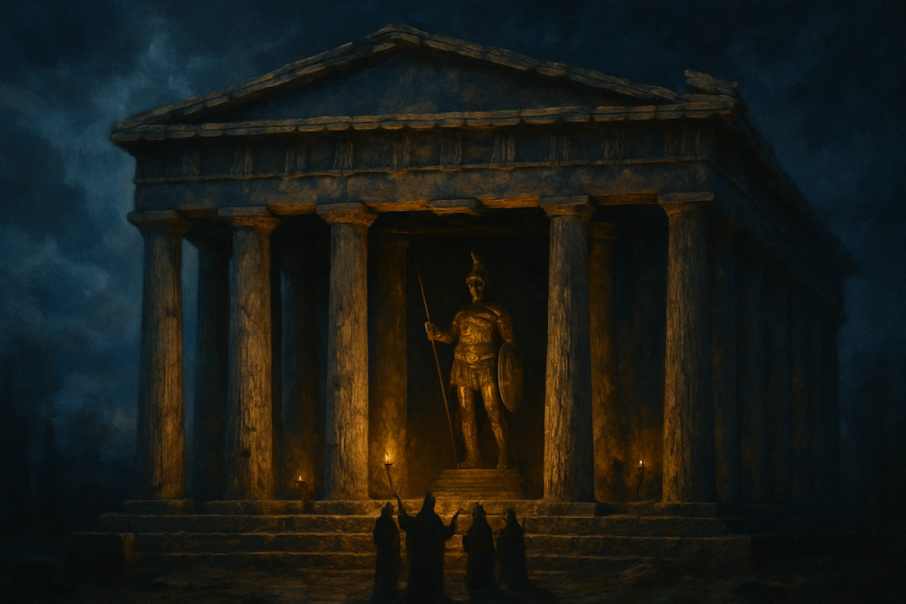 Ancient temple dedicated to Ares under a stormy sky