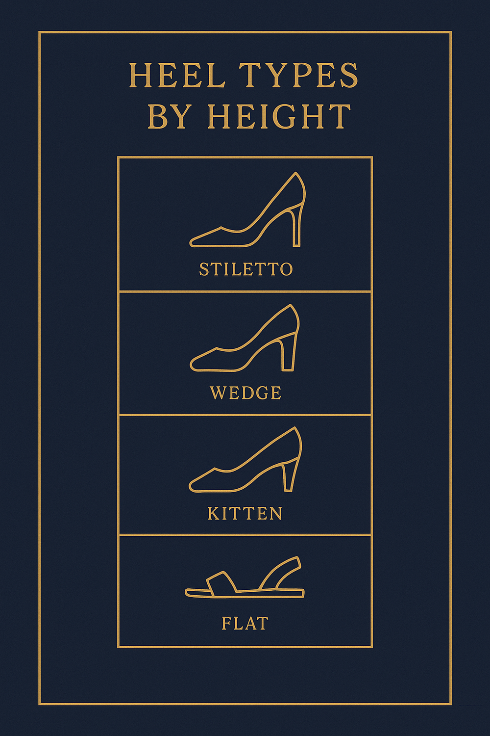 Infographic showing heel types organized by height from flat to stiletto