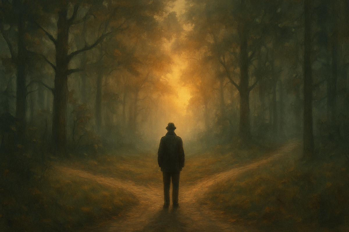 A figure standing at a misty crossroads symbolizing a life decision